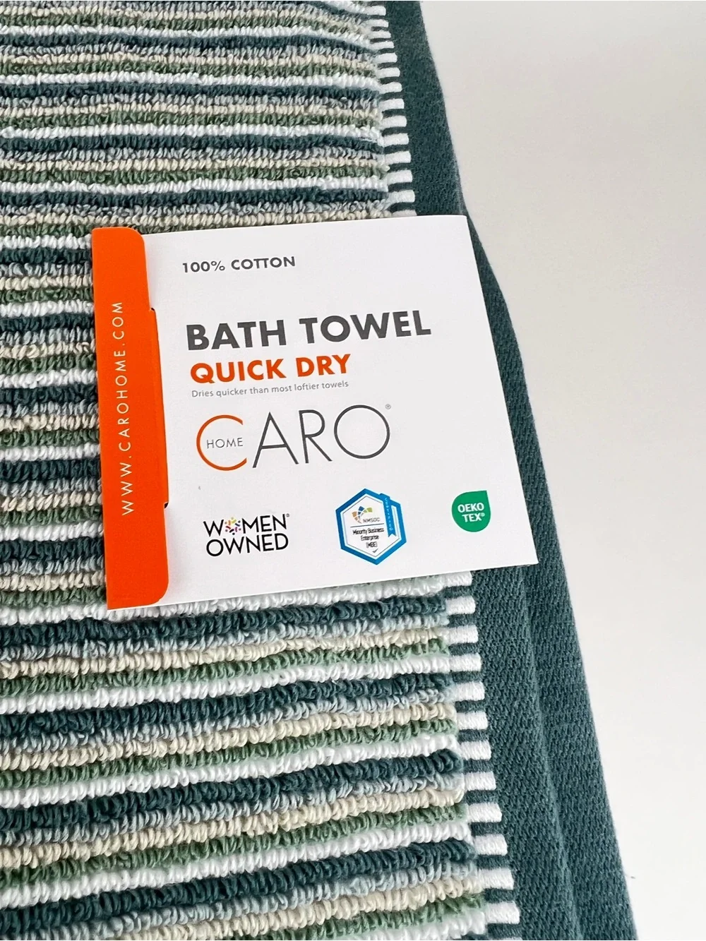 CARO Home Bath Towels Green Yellow White Striped Soft 100% Cotton 2 Pc Set NEW
